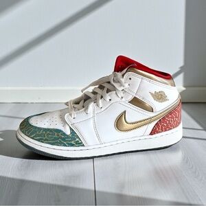 Nike Air Jordan 1 Mid UNC to Chicago Kid Exclusive Sneakers White Gold Red Blue